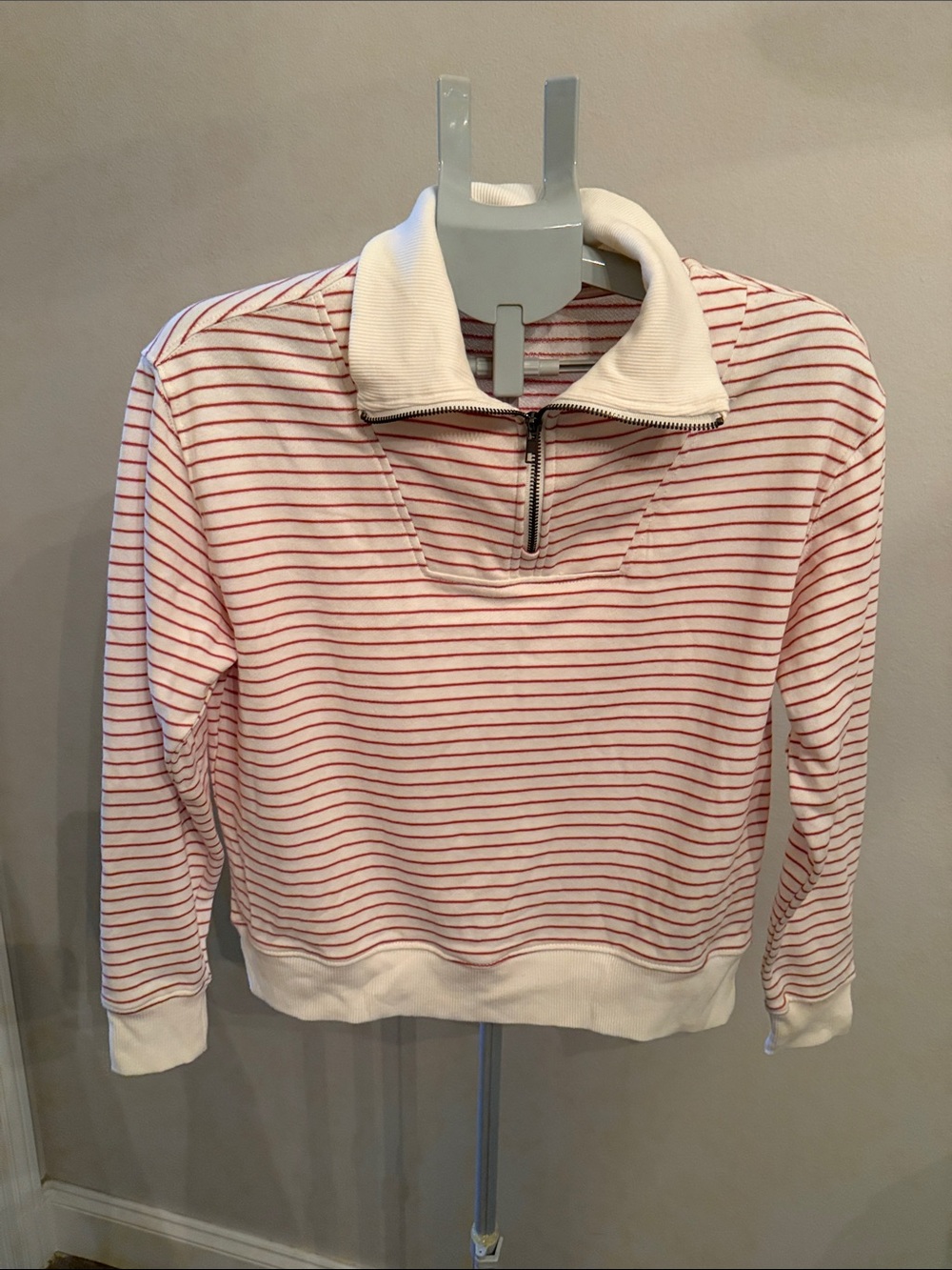 Three Dots Pink and White Striped Half-Zip Sweatshirt - Picture 3 of 9